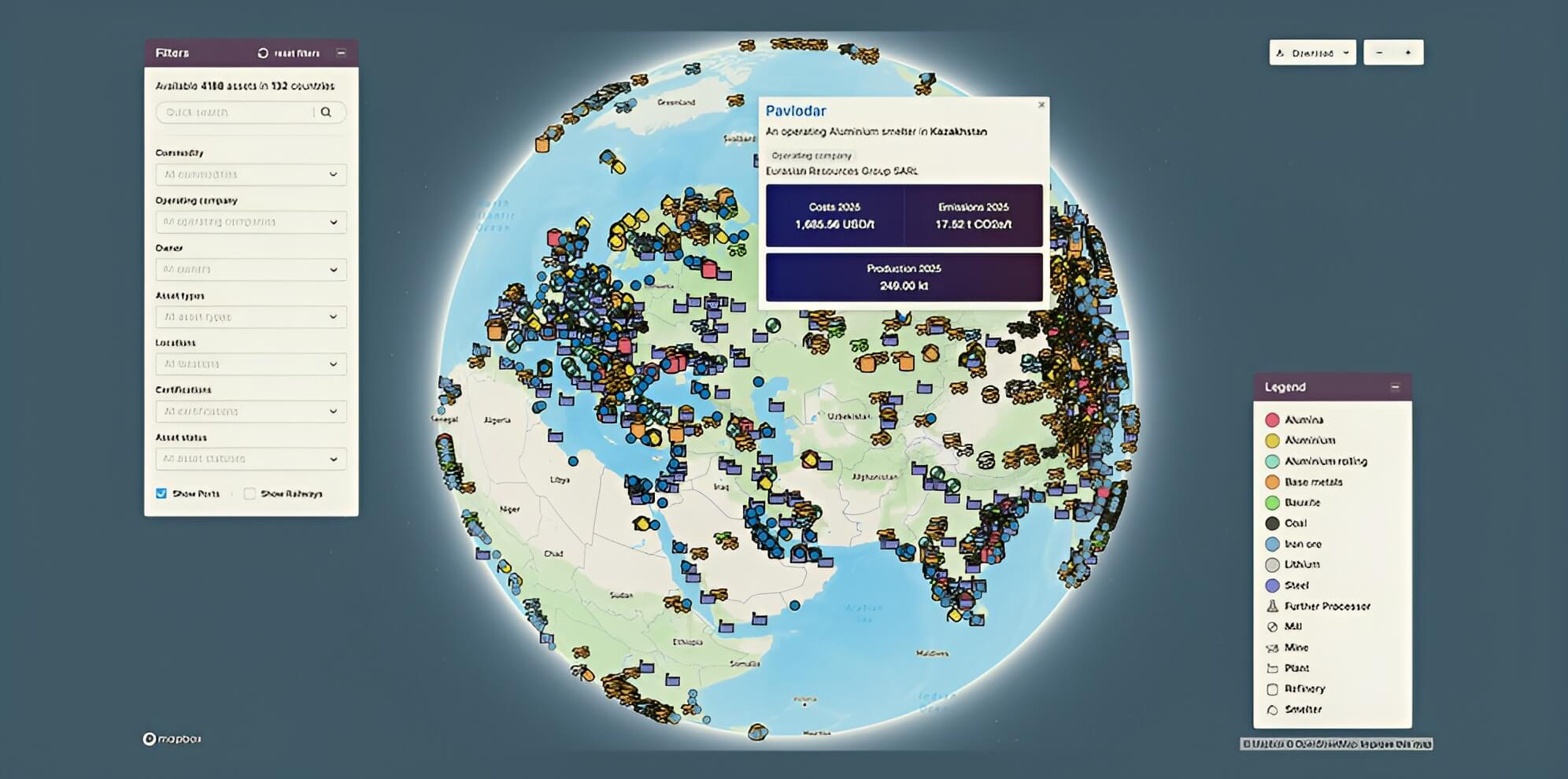 Interactive global map displaying various operational facilities categorized by metal types with filters on the left and a legend on the right; a pop-up details an aluminum smelter in Kazakhstan including costs, emissions, and production for 2025.